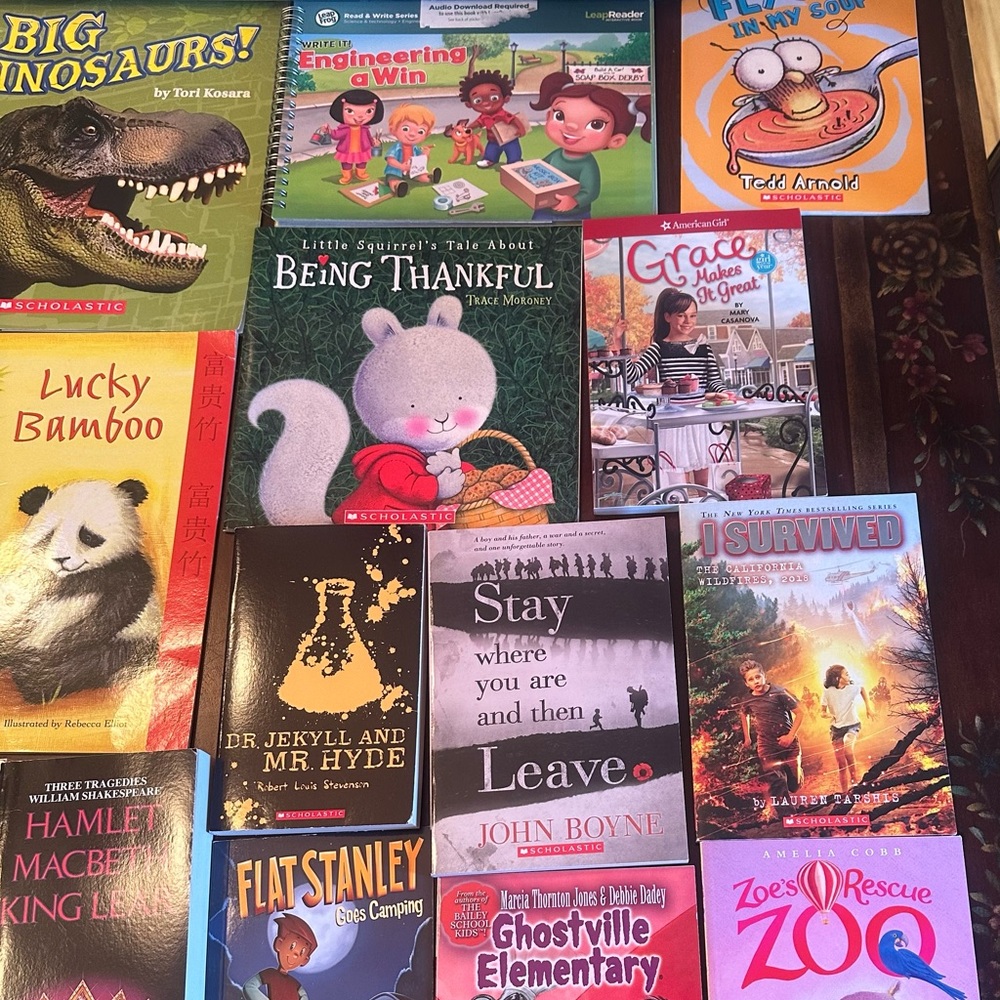 16 books 14 new but 2 are used and the leap frog shows signs of use.